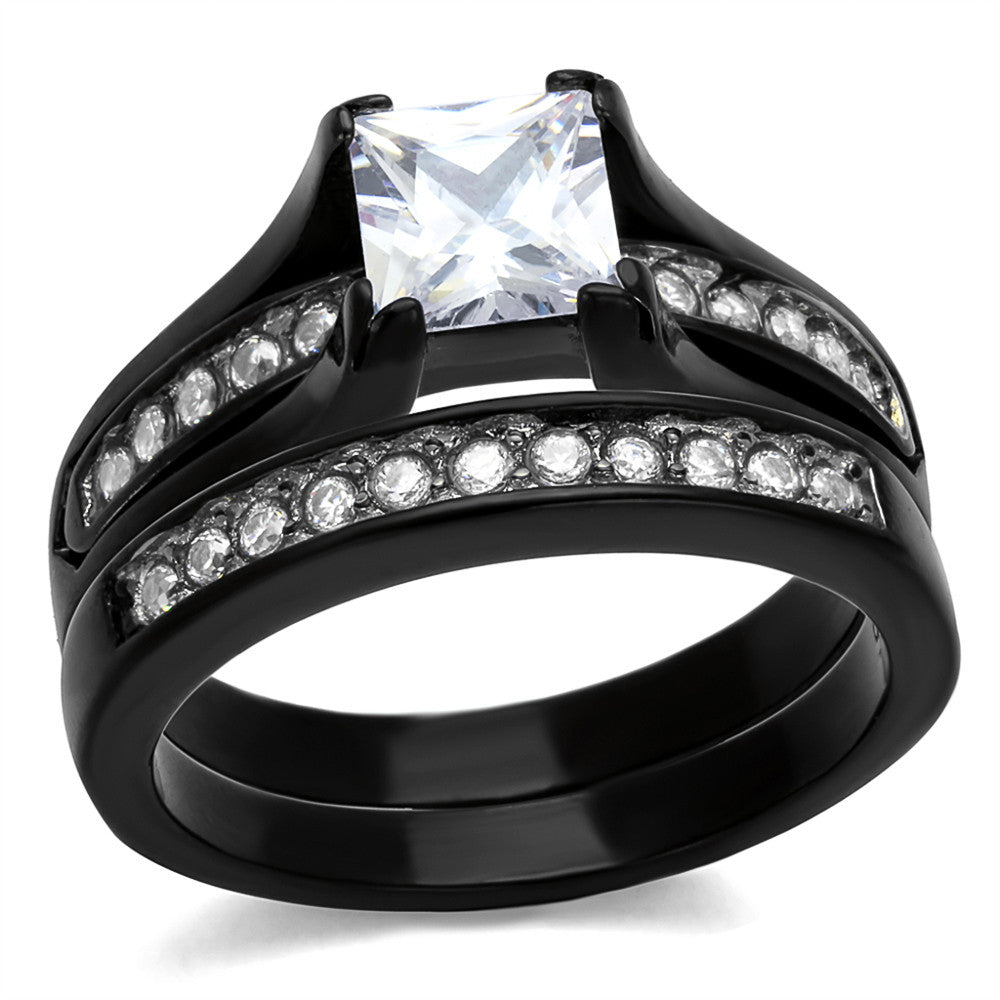 ARTK0W383J  Stainless Steel 2.10 Ct Princess Cut Zirconia BlackWedding Ring Set
